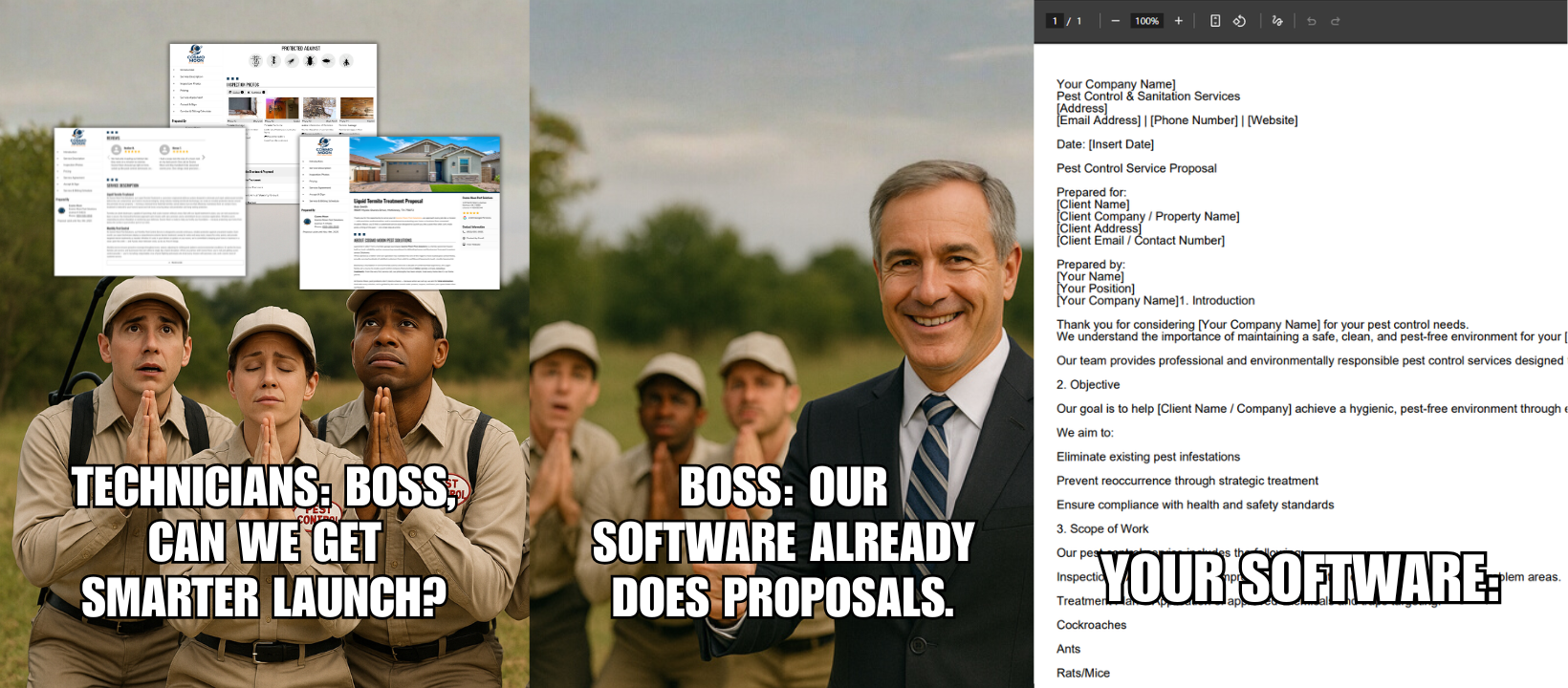 Technicians: Boss, can we get Smarter Launch? Boss: Our software already does proposals. Your software: [generic Word doc]